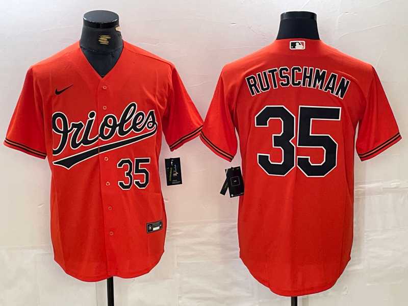 Men%27s Baltimore Orioles #35 Adley Rutschman Number Orange Stitched Cool Base Nike Jersey